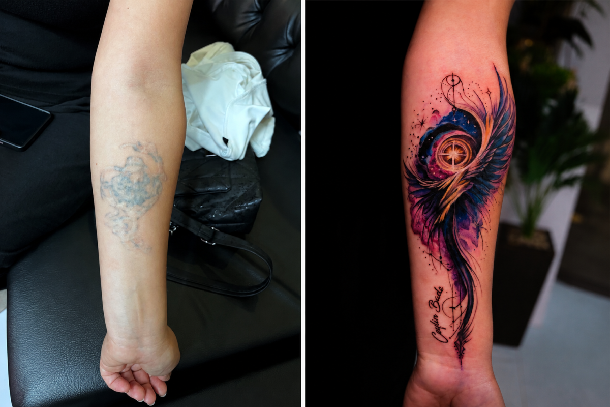 Cover-up-Tattoo ueber einer Operationsnarbe: vorher und nachher