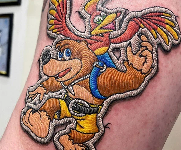 Banjo-Kazooie Spielfiguren als gro&szlig;es Patch-Tattoo &mdash; Patchwork-Stil in &Uuml;bergr&ouml;&szlig;e, Bosphorus Ink Istanbul