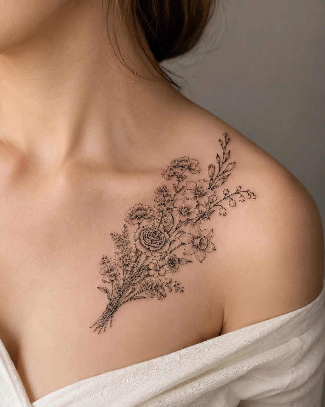 Geburtsblumen-Strau&szlig;-Tattoo am Schl&uuml;sselbein