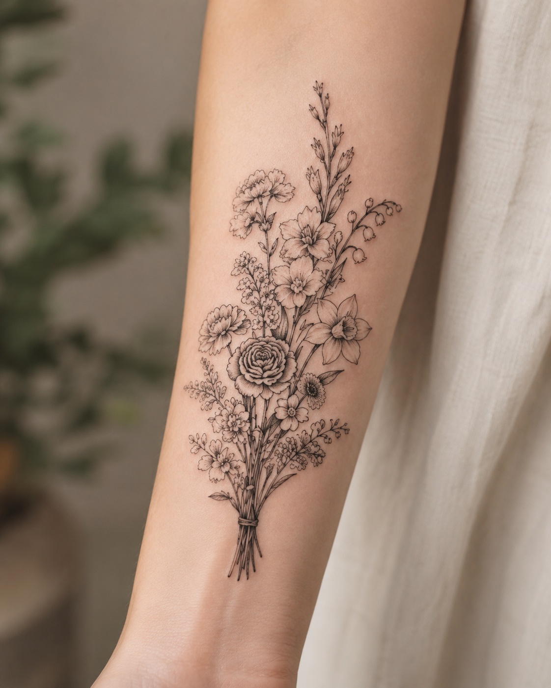 Fine-Line Geburtsblumen-Strau&szlig;-Tattoo am Unterarm