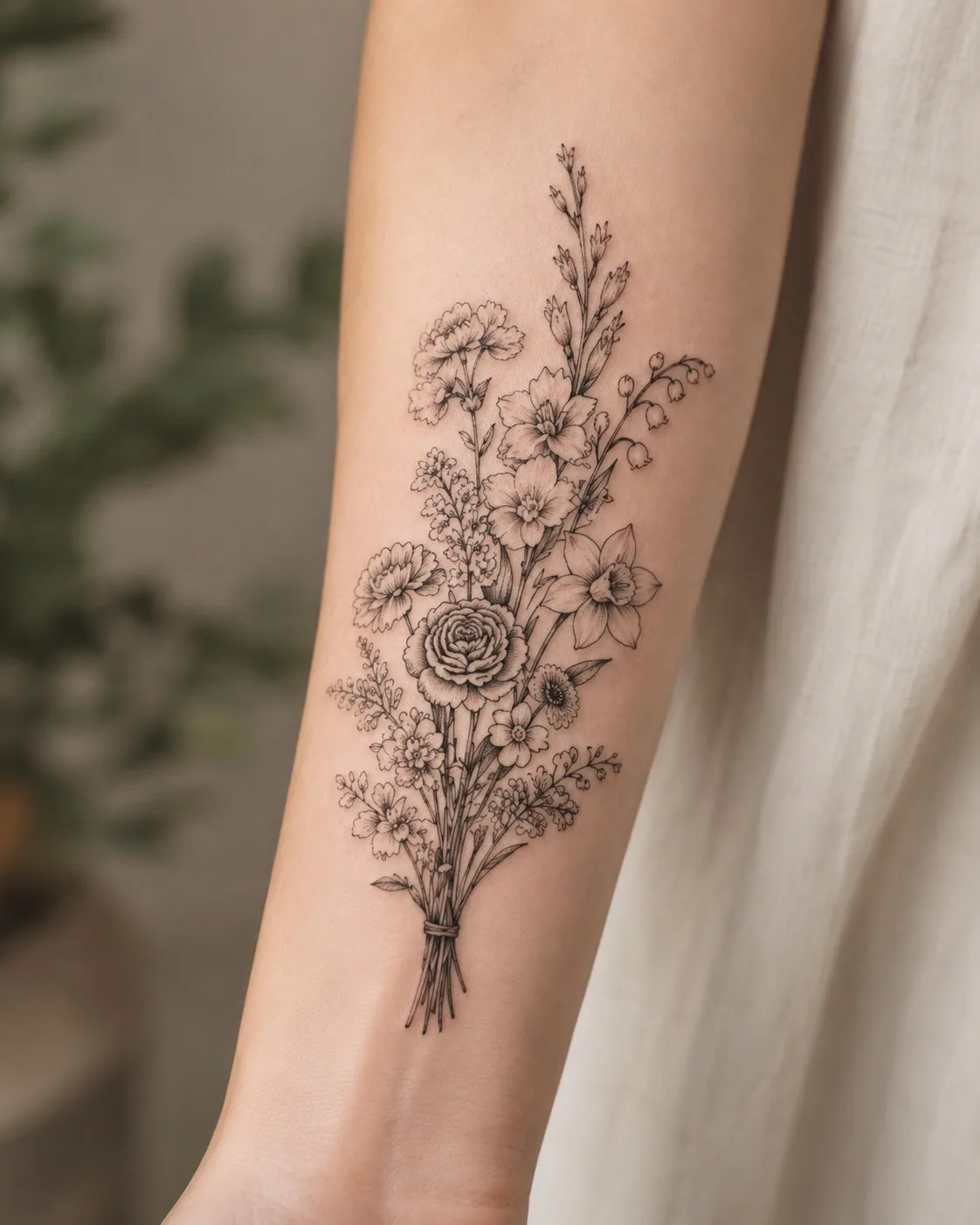 Fine-Line Geburtsblumen-Strau&szlig;-Tattoo am Unterarm