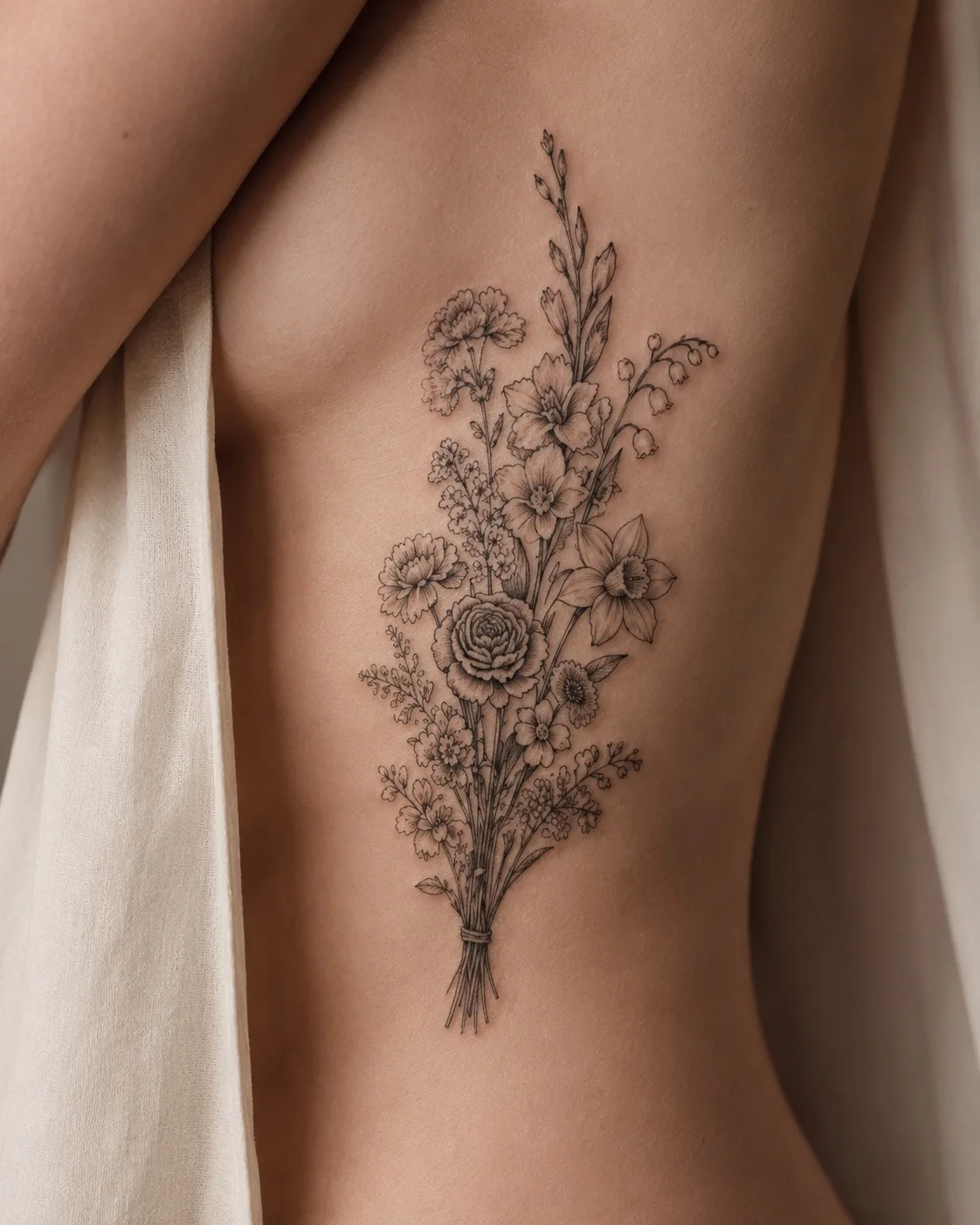 Geburtsblumen-Strau&szlig;-Tattoo an den Rippen