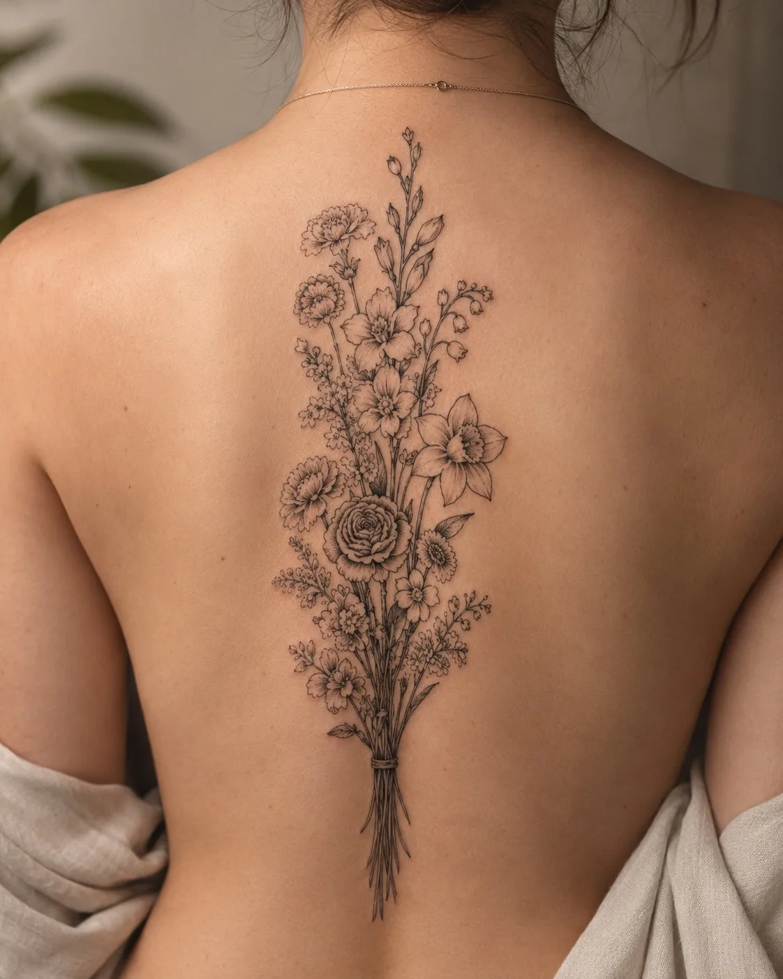 Geburtsblumen-Familienstrau&szlig;-Tattoo entlang der Wirbels&auml;ule