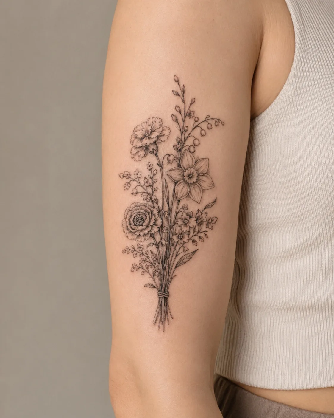Geburtsblumen-Familienstrau&szlig;-Tattoo am Oberarm