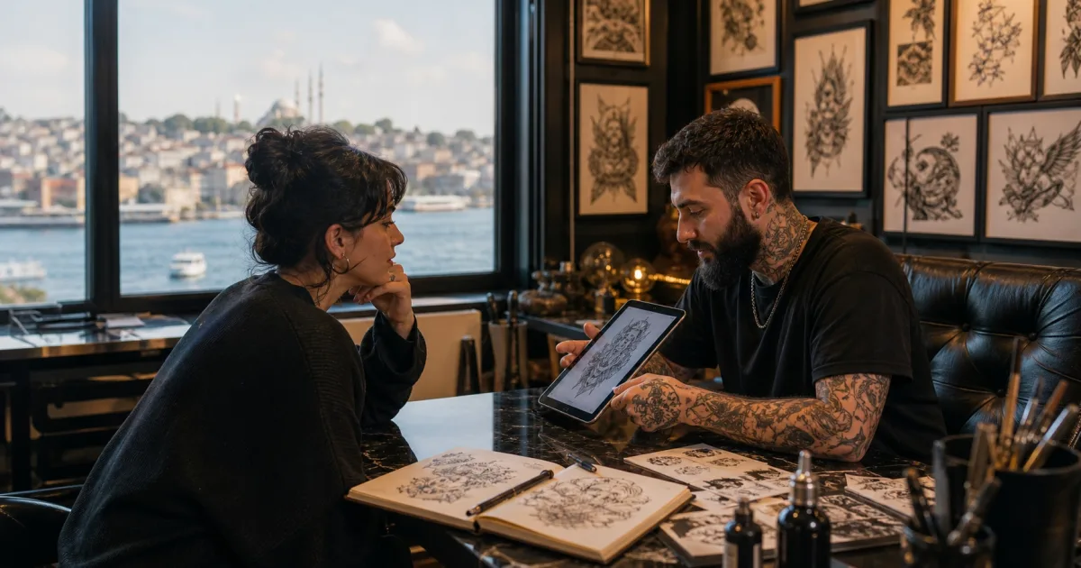 Bosphorus Ink'te d&ouml;vme konsultasyonu: sanat&ccedil;ı ve m&uuml;şteri tasarım s&uuml;recinde İstanbul