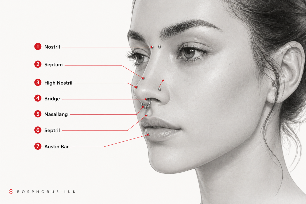 7 Nasenpiercing-Arten und ihre anatomischen Positionen: Nostril, Septum, High Nostril, Bridge, Nasallang, Septril, Austin Bar