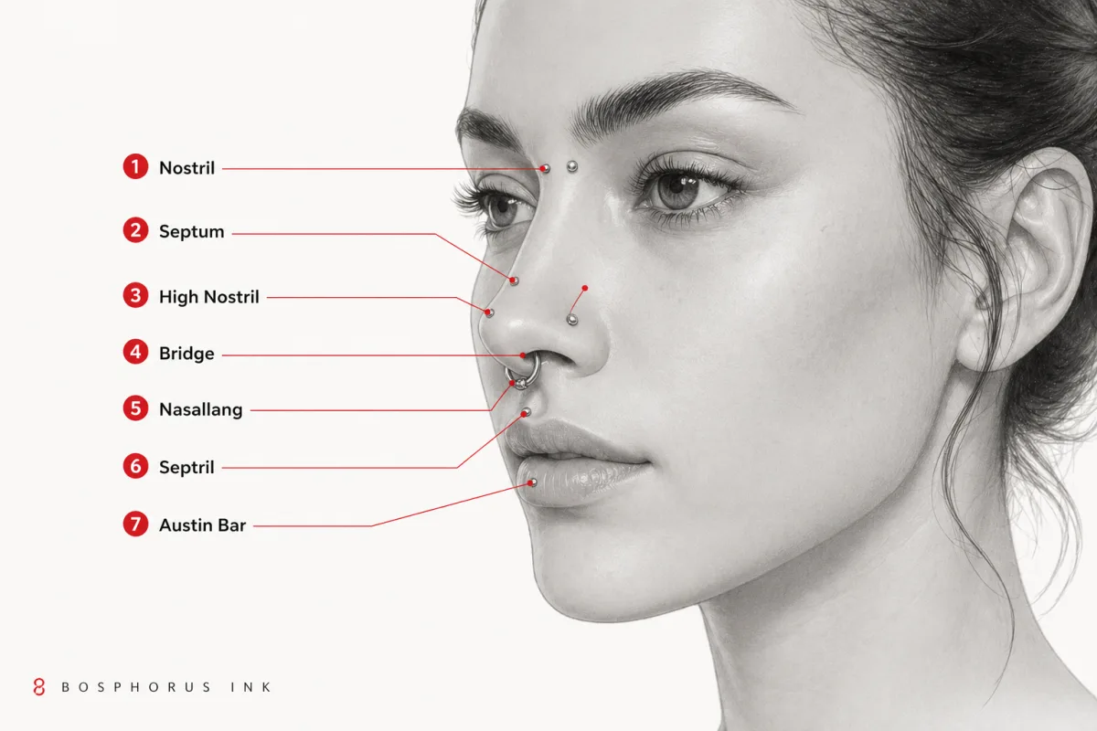 7 burun piercingi tipi anatomik konumları: nostril, septum, high nostril, bridge, nasallang, septril, austin bar