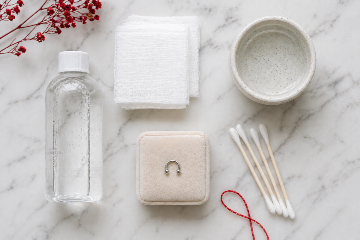 Sterile Kochsalzl&ouml;sung, Mullkompressen und Septum-Schmuck auf Marmor