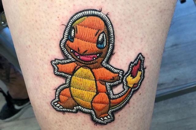 Charmander Cartoon-Figur als Patch-Sticker-Tattoo &mdash; buntes Patchwork-Design, Bosphorus Ink Istanbul