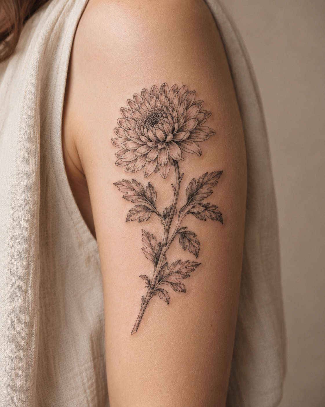 Chrysanthemen-Tattoo am Oberarm