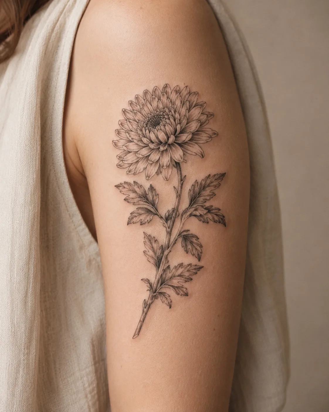 Chrysanthemen-Tattoo am Oberarm