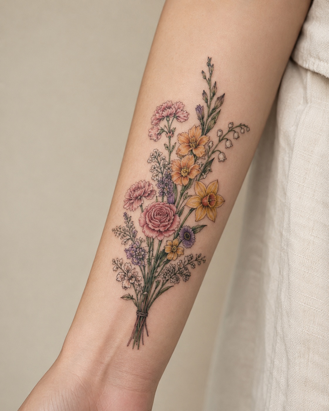 Farbiges Geburtsblumen-Familienstrau&szlig;-Tattoo &mdash; Bosphorus Ink Istanbul