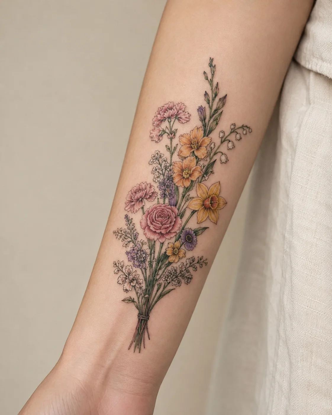 Farbiges Geburtsblumen-Familienstrau&szlig;-Tattoo &mdash; Bosphorus Ink Istanbul