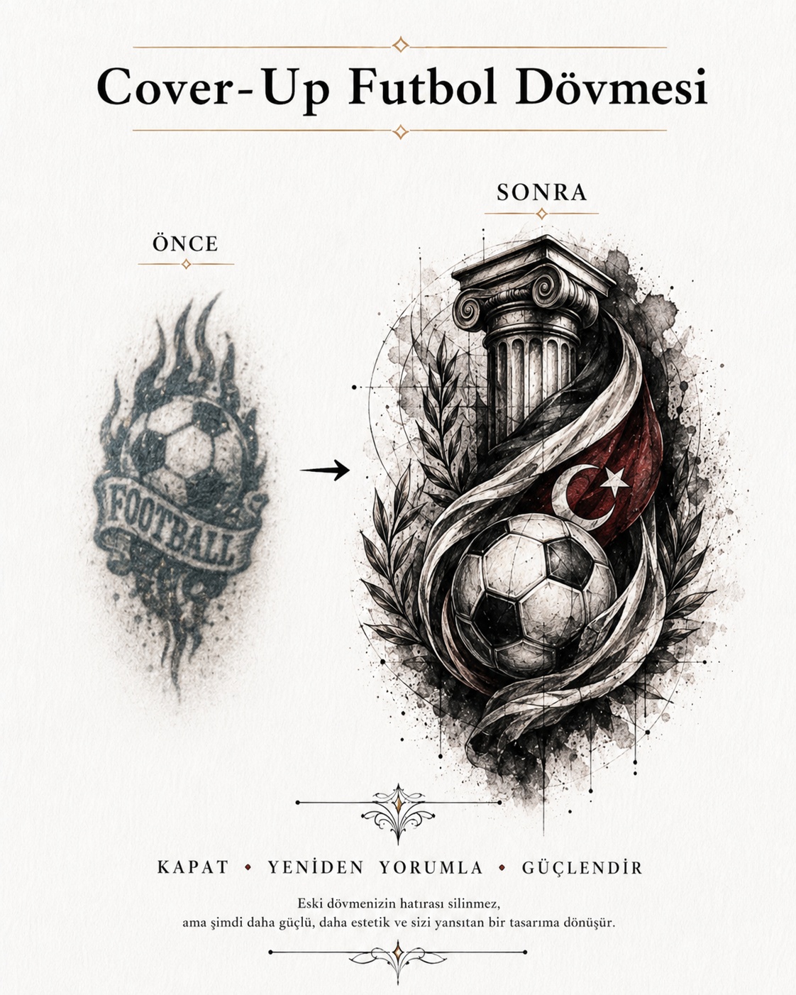 Vorher-Nachher eines Cover-ups eines alten Fu&szlig;ball-Tattoos