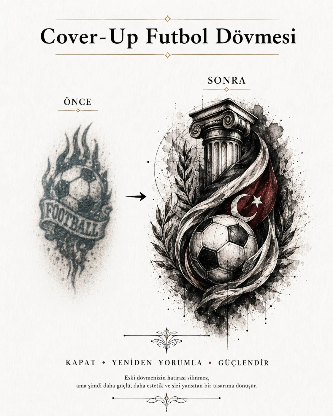 Before and after cover-up of an old football tattoo