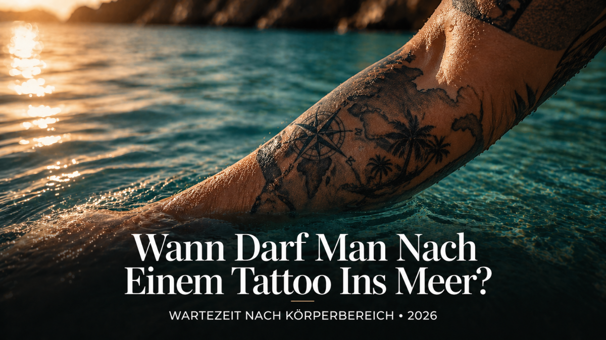 Person am Strand mit frischem Tattoo — Wartezeit-Ratgeber Schwimmen nach Tätowierung