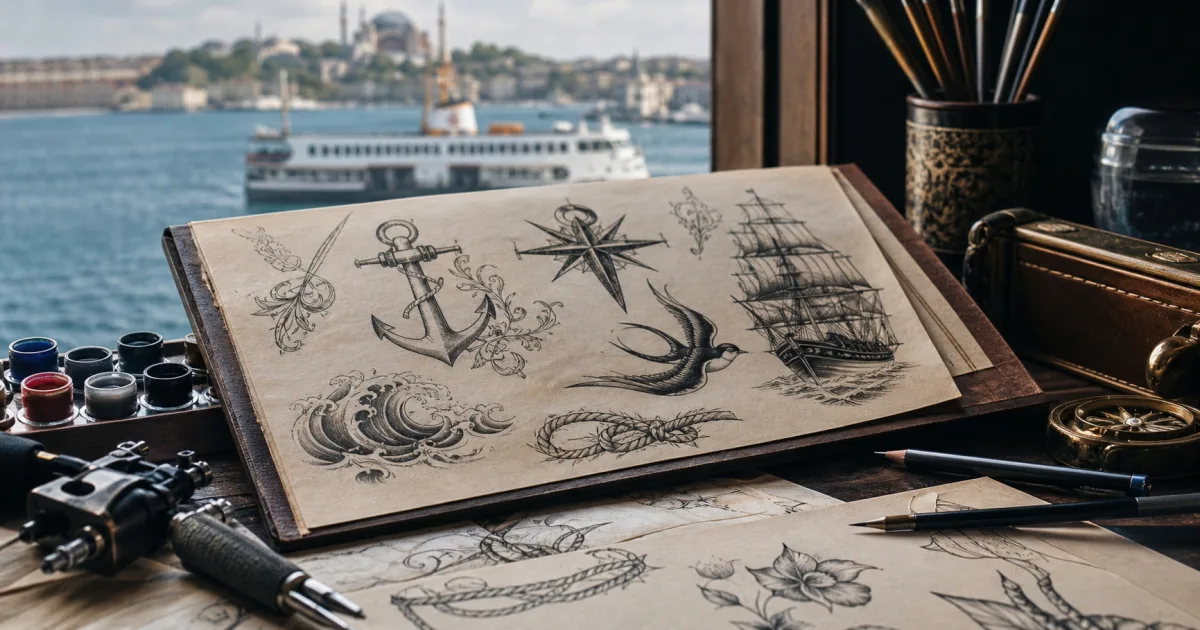 Denizcilerin geleneksel d&ouml;vme sembolleri: &ccedil;apa, pusula, gemi &mdash; İstanbul Boğazı manzarasıyla