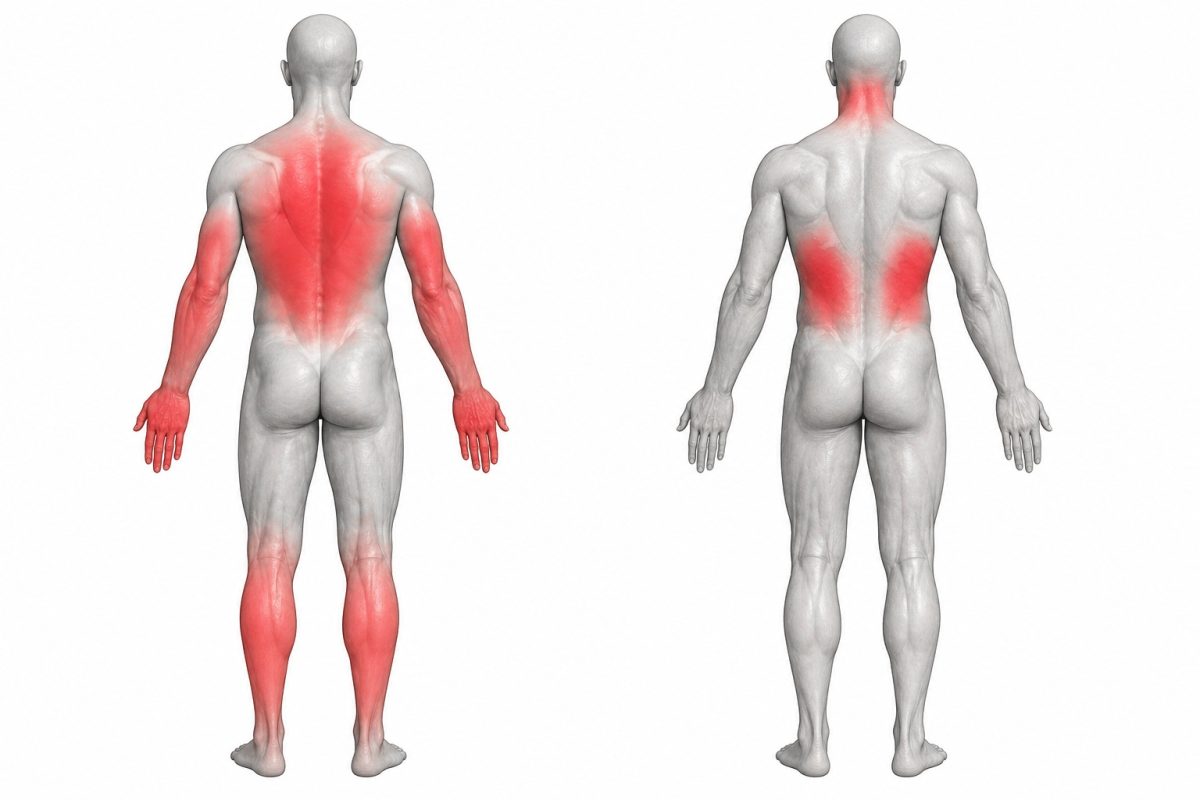 Tattoo-Heilungszeiten nach K&ouml;rperregion &ndash; Anatomie-Diagramm mit Markierung von R&uuml;cken, Armen, H&auml;nden, Waden und Nacken