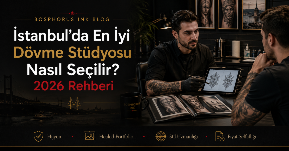 İstanbul'da en iyi dövme stüdyosu seçimi için hijyen, portfolyo ve sanatçı kriterlerini gösteren premium dövme stüdyosu atmosferi