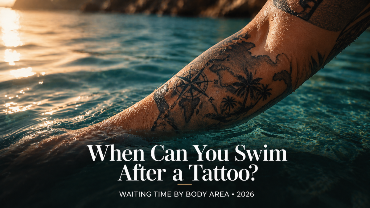 Person on a beach with a fresh tattoo — swimming after tattoo waiting time guide