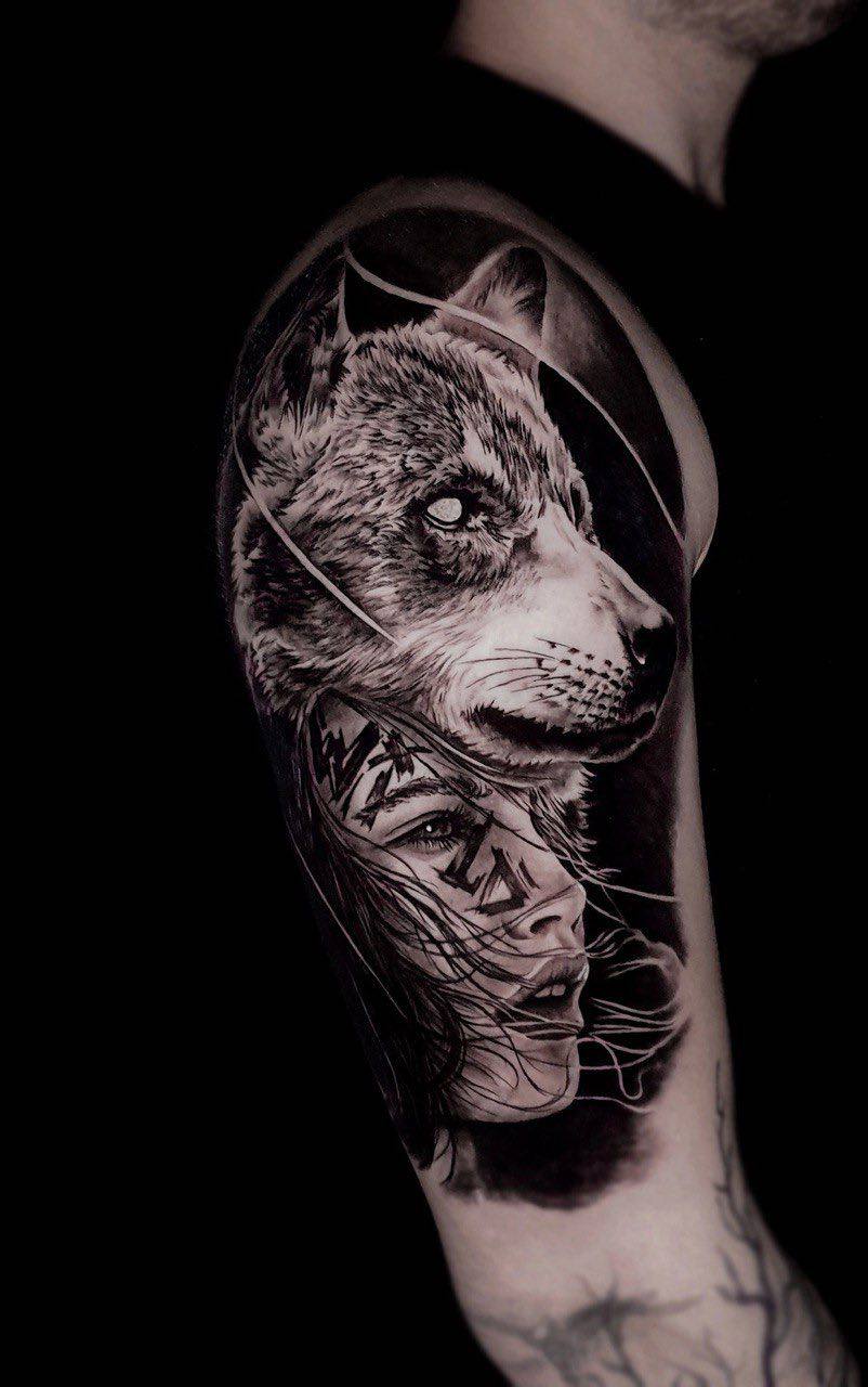 Black Grey Wolf Porträt Männer Sleeve Tattoo Istanbul - Bosphorus Ink