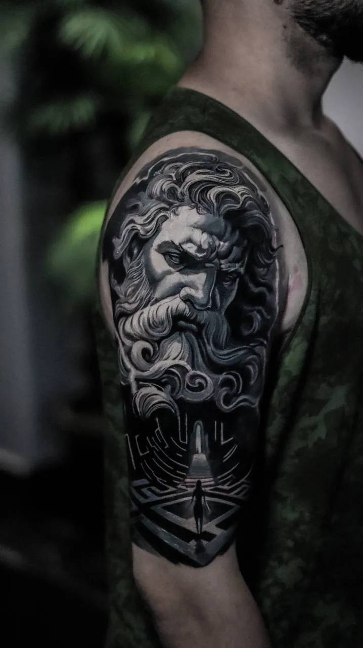 Zeus Porträt Geometrisches Männer Oberarm-Tattoo Istanbul Besiktas - Bosphorus Ink
