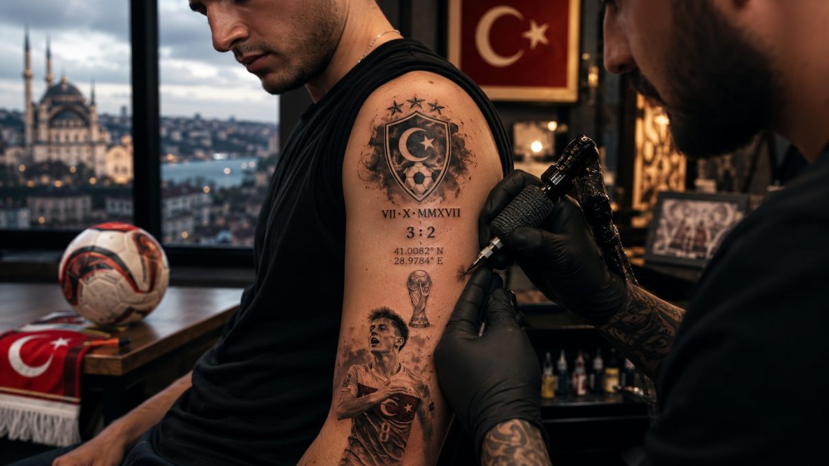 Fu&szlig;ball-Tattoo am Oberarm wird im Bosphorus-Ink-Studio in Istanbul gestochen