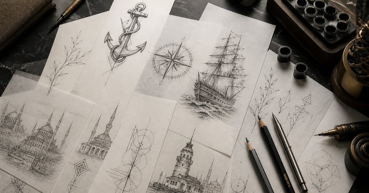 İstanbul dövme kültürü — Osmanlı ve denizcilik motifli tasarım sketchleri