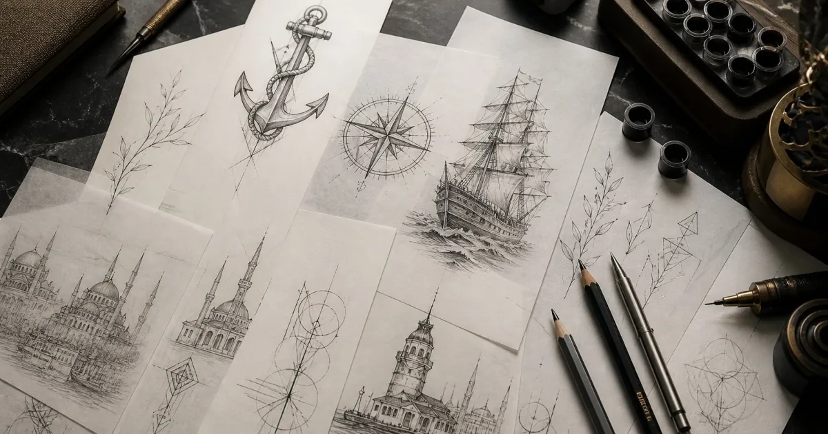 İstanbul d&ouml;vme k&uuml;lt&uuml;r&uuml; &mdash; Osmanlı ve denizcilik motifli tasarım sketchleri