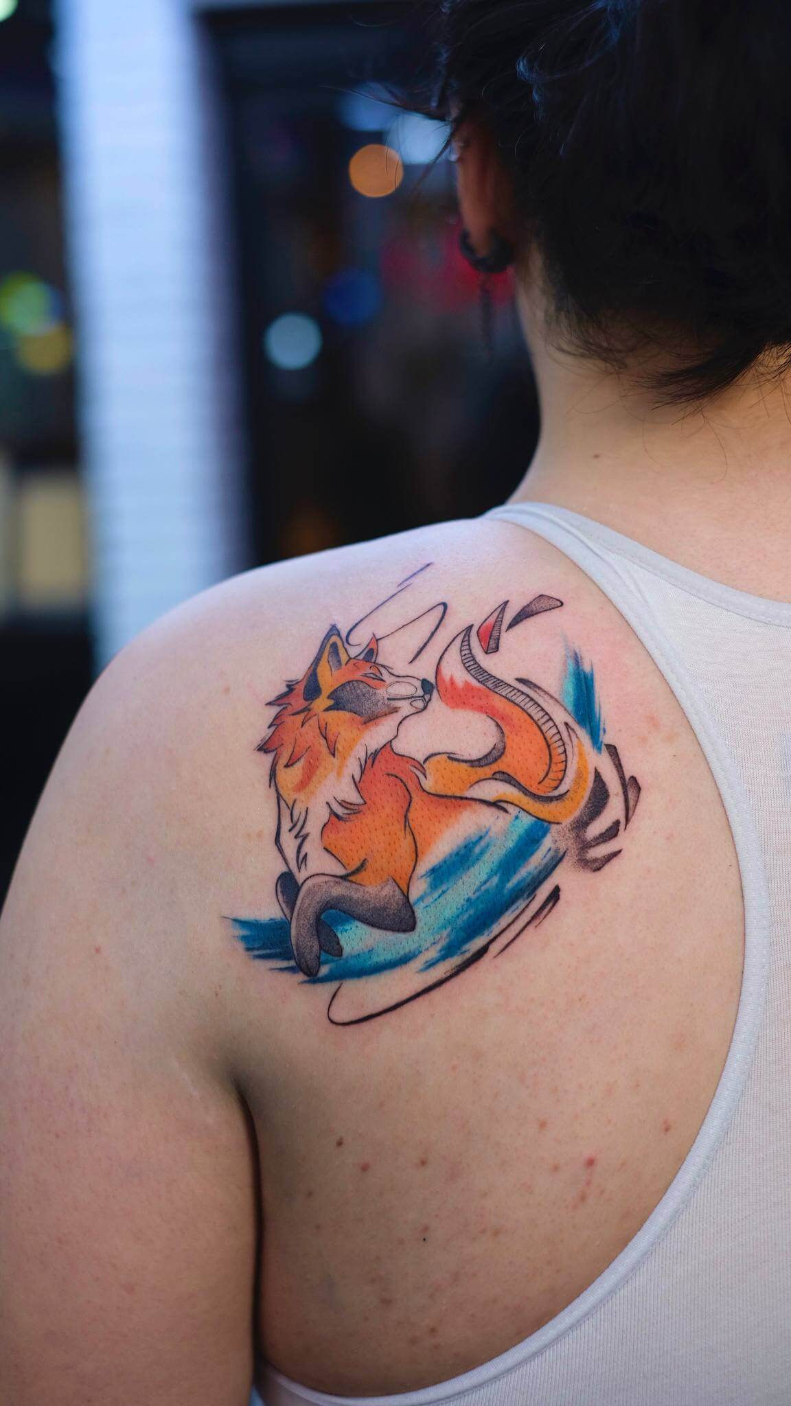 Istanbul watercolor fox shoulder tattoo &ndash; Bosphorus Ink