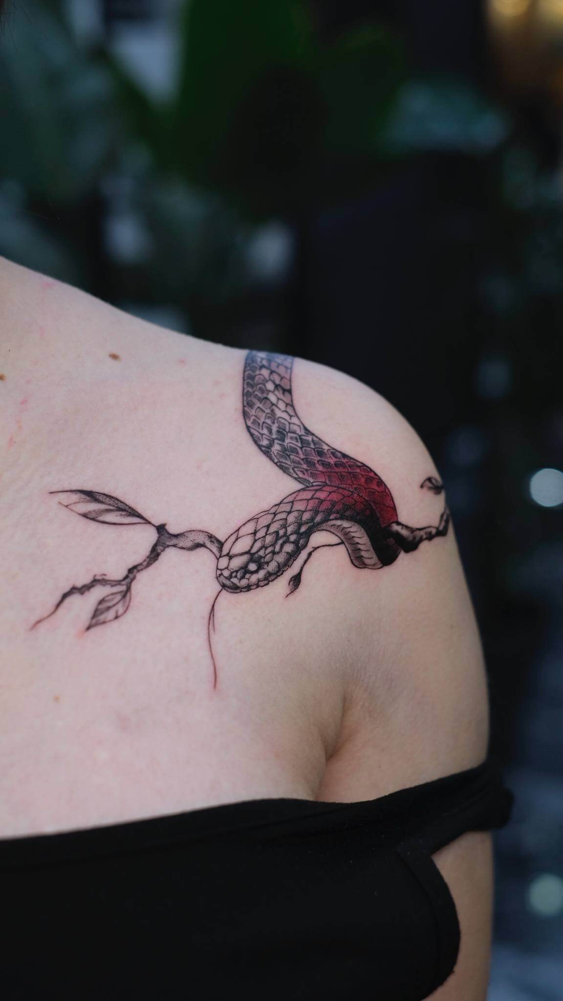 Istanbul red snake shoulder tattoo realistic &ndash; Bosphorus Ink