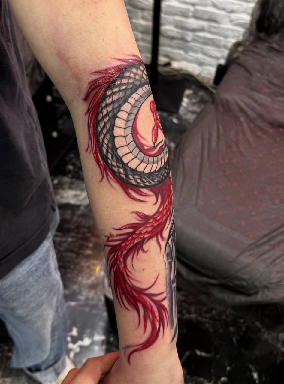 Rot-schwarzes Schlangen-Tattoo am Unterarm; dramatische Schlange mit fliessenden roten Federn