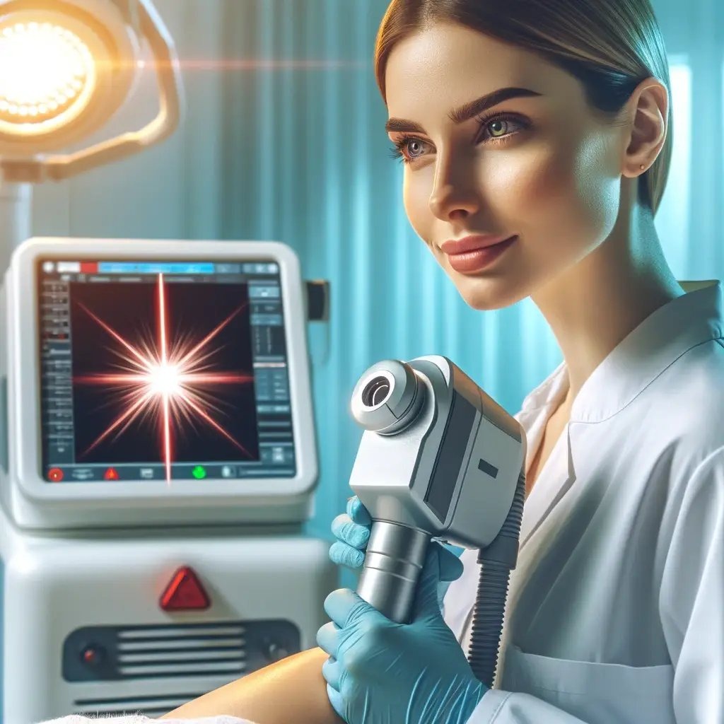 D&ouml;vme silme kliniğinde uzman sağlık personeli ve lazer cihazı