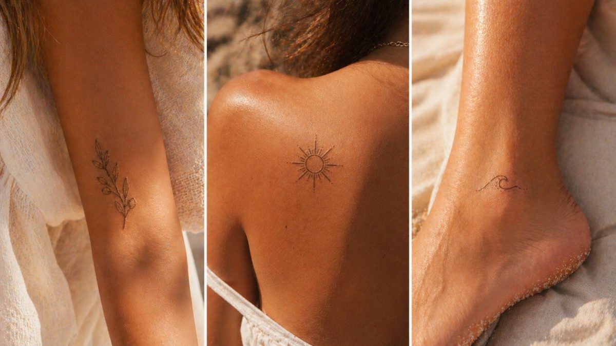 Beliebte Sommer-Tattoo-Stile auf gebr&auml;unter Haut: botanisches Unterarm-Motiv, Sonne auf der Schulter und Welle am Kn&ouml;chel