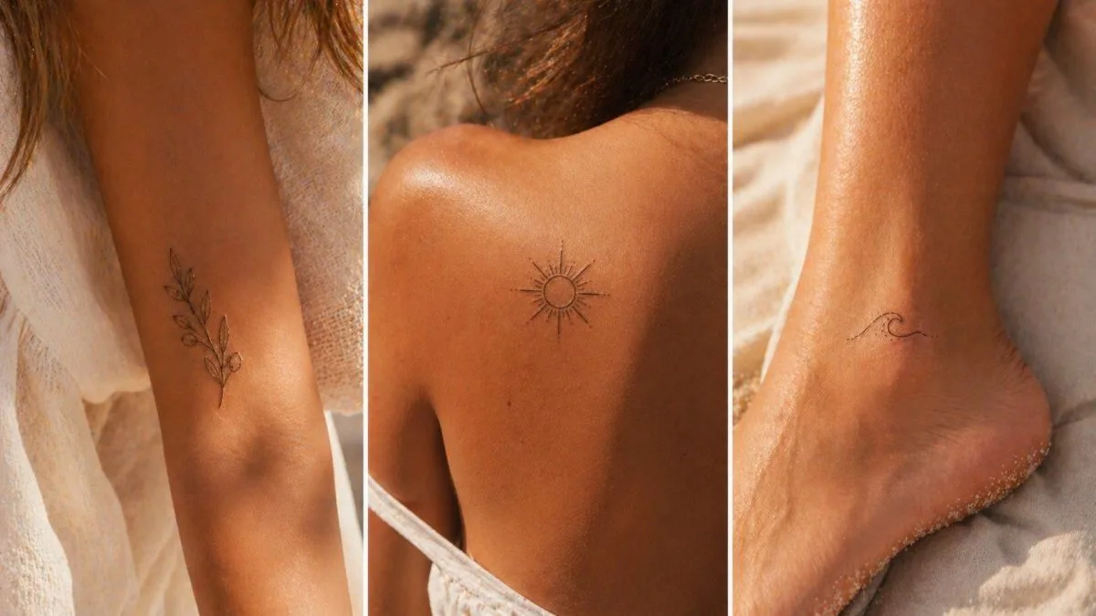 Popular summer tattoo styles on tanned skin: botanical forearm piece, sun on shoulder and wave on ankle