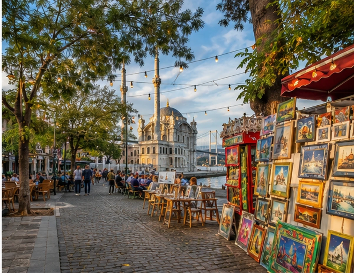 Ortaköy Square - art galleries, cafes and Ortaköy Mosque view