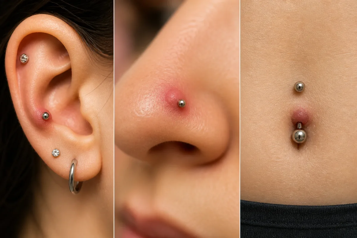 Piercing Bump Beispiele - Nase, Ohr und Bauchnabel Nasenpiercing, Ohrknorpel und Bauchnabelpiercing Bump Beispiele
