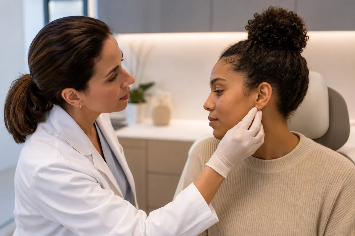 Dermatolog hastasının kulağındaki keloid lezyonunu muayene ediyor