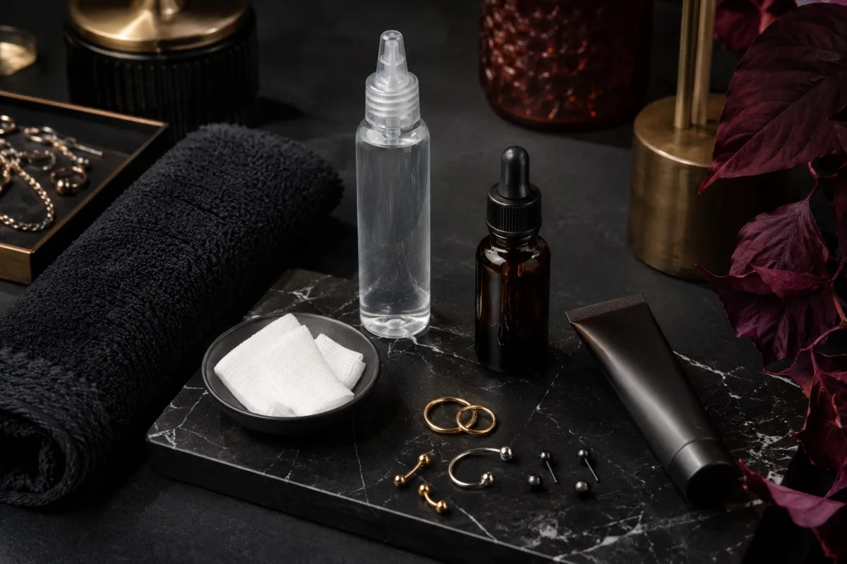 Piercing bakım &uuml;r&uuml;nleri: tuzlu su, serum ve takı seti