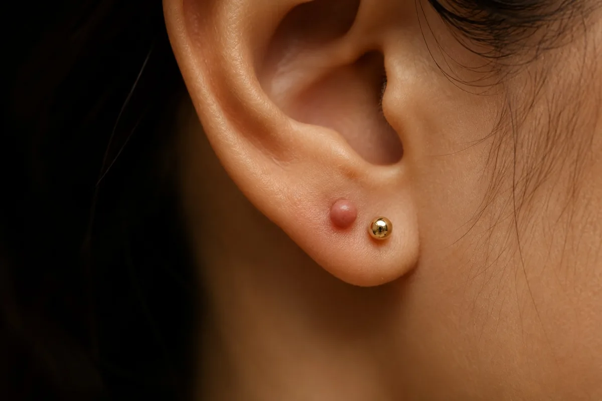 Kulak memesinde piercing sonrası oluşan keloid kabarcığı yakın &ccedil;ekim