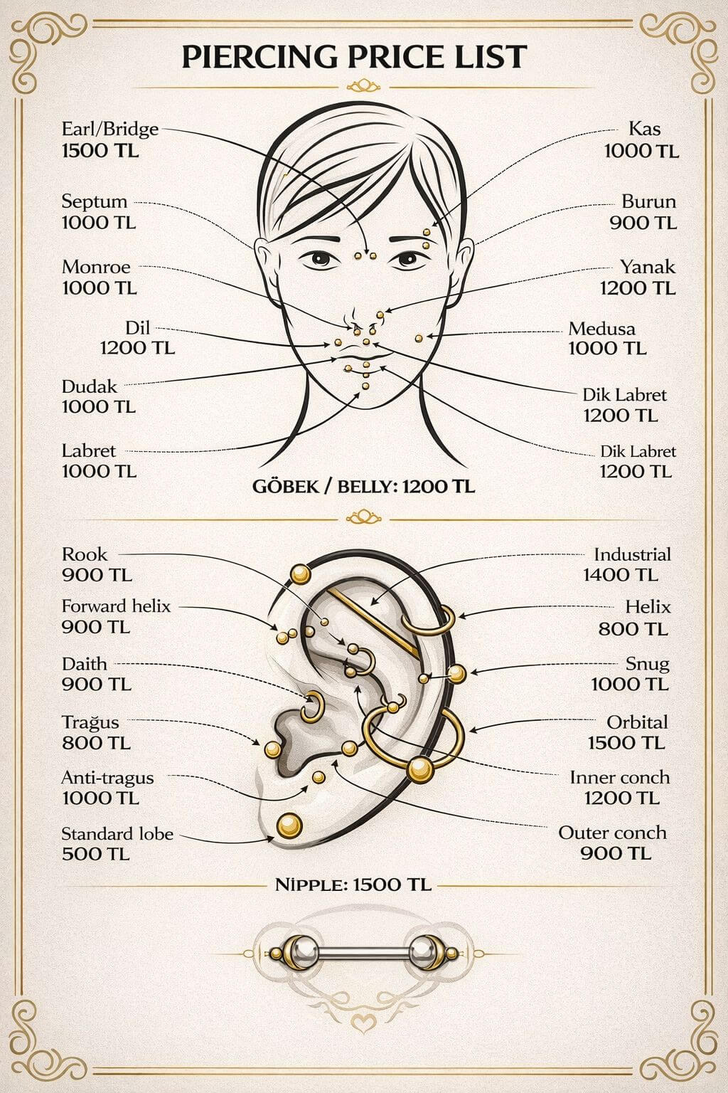 Bosphorus Ink nose piercing Istanbul price list 2026 - Nostril, septum, bridge and nasallang prices