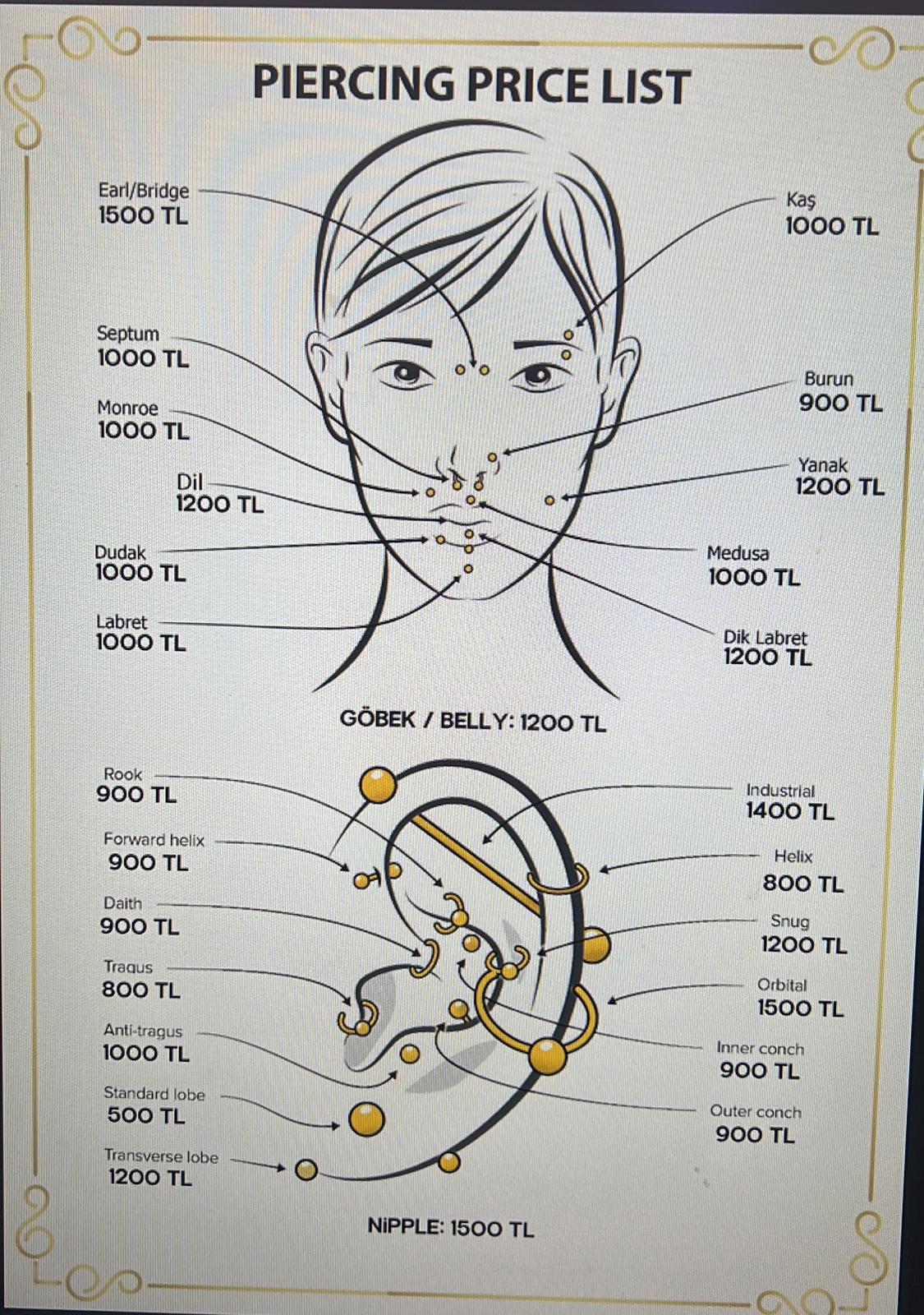 Piercing price list