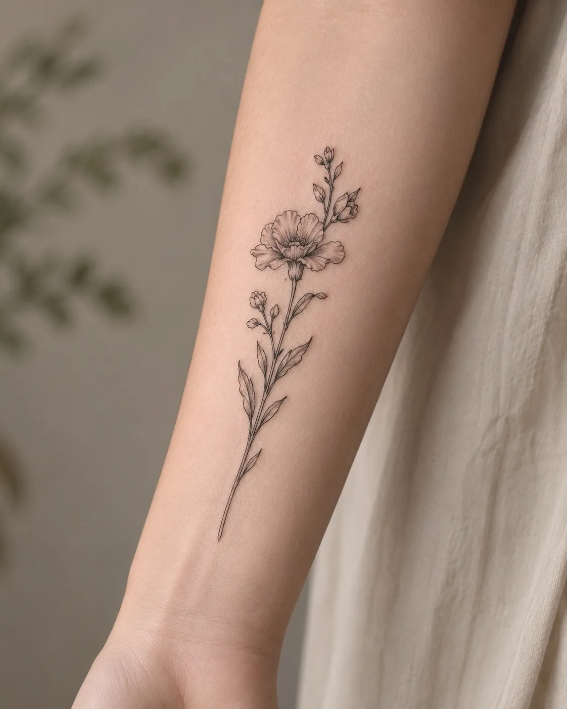 Fine-Line Einzelblumen-Tattoo am Unterarm