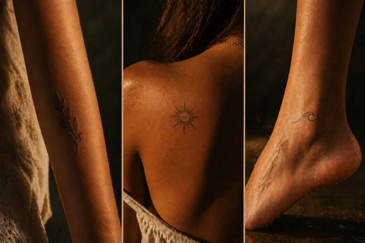 Minimalist summer tattoo ideas: leaf, sun and wave fine line motifs perfect for the warm season