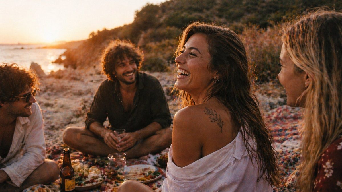 Tattoo im Sommer stechen lassen: Frau mit minimalistischem botanischem Tattoo am Sonnenuntergangsstrand mit Freunden in Istanbul