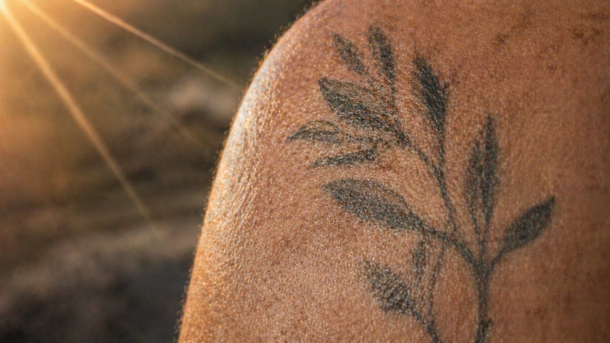 Tattoo in der Sonne: verheiltes Blatt-Tattoo unter direktem UV-Licht zeigt die Bedeutung von Sonnenschutz