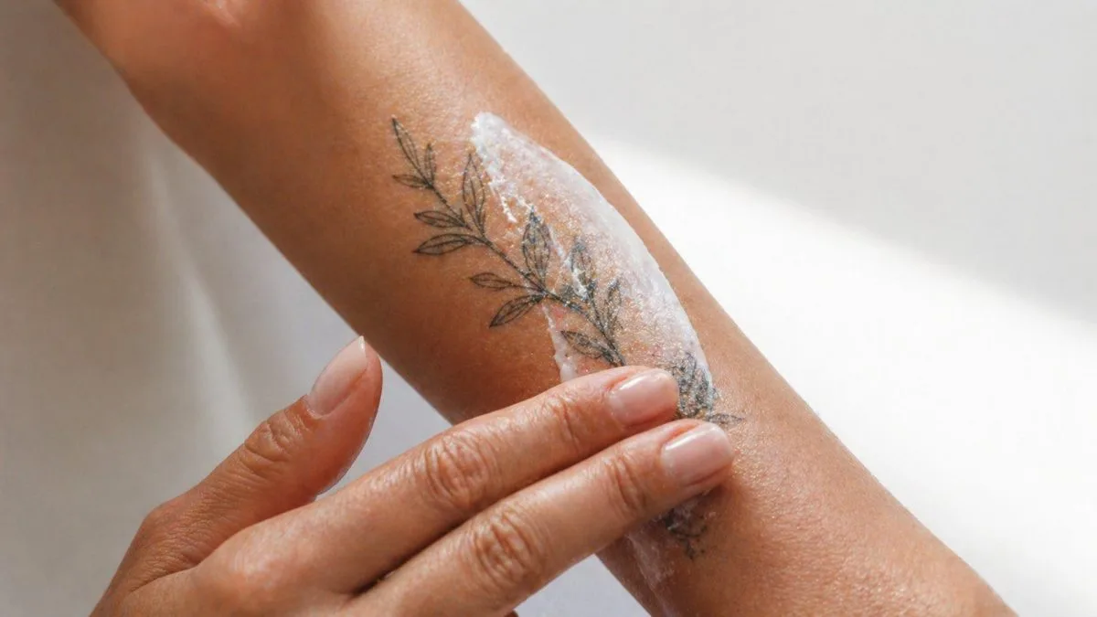 Summer tattoo aftercare in action: applying moisturizing healing balm to a fresh tattoo - Bosphorus Ink aftercare routine