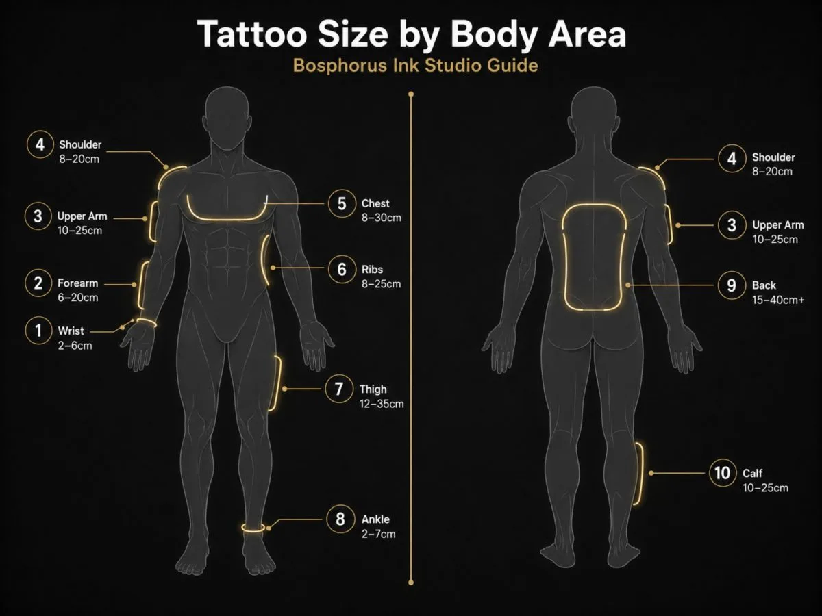 Tattoo Gr&ouml;&szlig;e und Platzierung nach K&ouml;rperregion &mdash; Handgelenk, Arm, R&uuml;cken, Rippen, Brust | Bosphorus Ink Istanbul