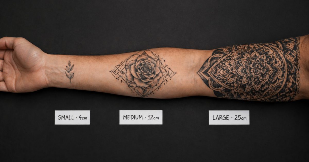 Tattoo size comparison: Small 4cm, Medium 12cm, Large 25cm