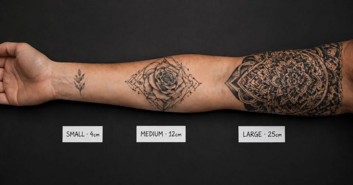 Tattoo-Gr&ouml;&szlig;envergleich &mdash; Klein (4cm) vs. Mittel (12cm) vs. Gro&szlig; (25cm) Tattoo-Gr&ouml;&szlig;en